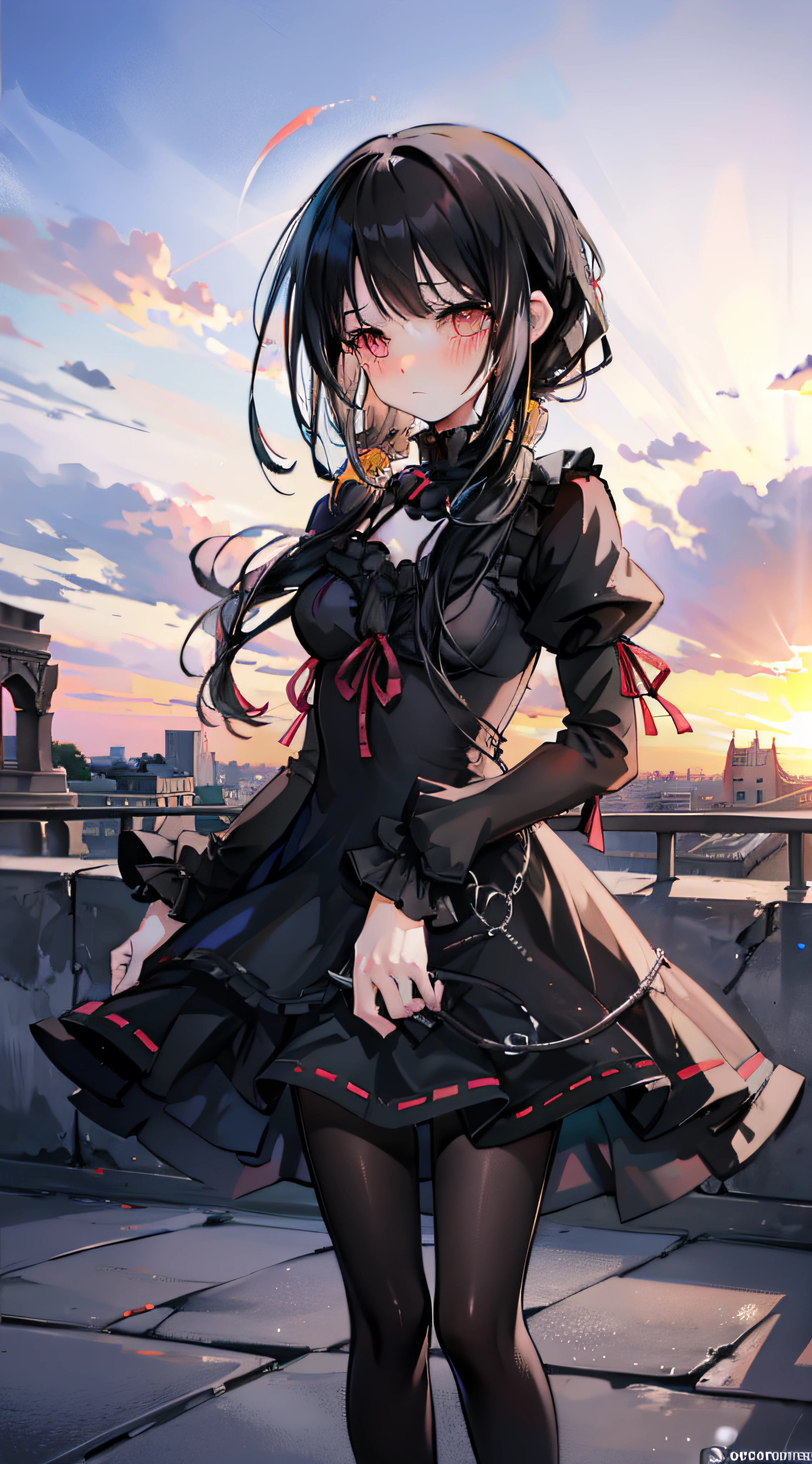 anime girl, alone, black hair, braids, pantyhose, embarrassed, looks at viewer, colosseum, italy, Rome sunset, serene, gothic dress, 