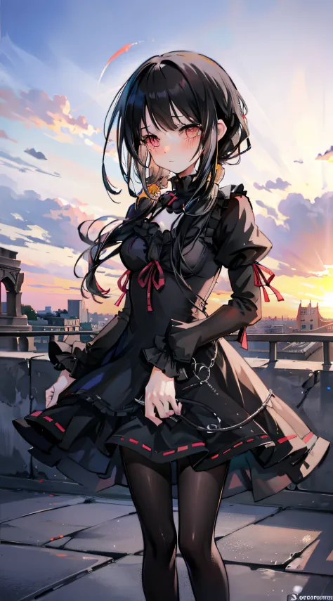 anime girl, alone, black hair, braids, pantyhose, embarrassed, looks at viewer, colosseum, italy, Rome sunset, serene, gothic dr...