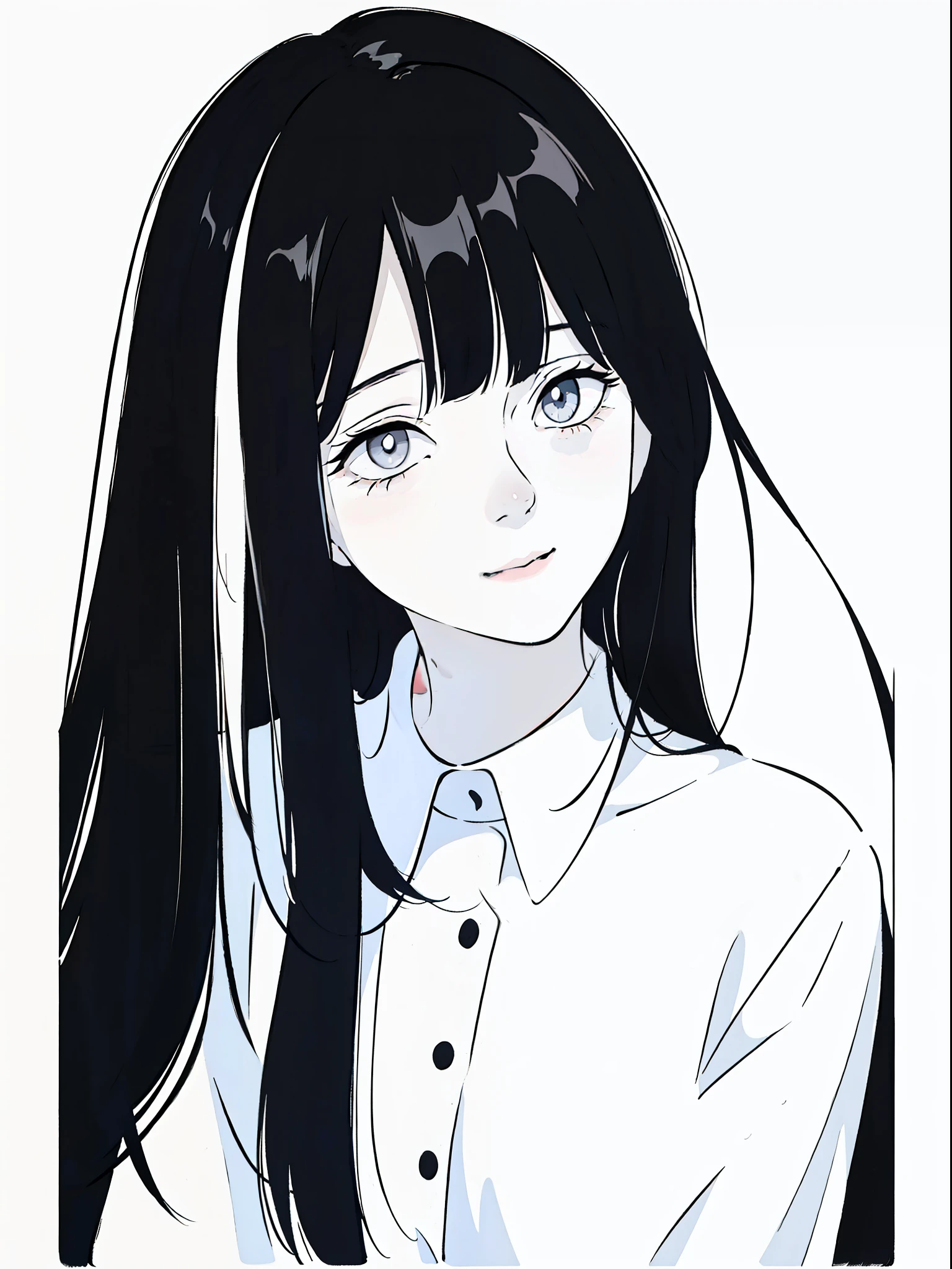 Anime Girl avec de longs cheveux noirs et une chemise blanche,((portrait noir et blanc)),Photo en noir et blanc,sourire,Peinture minimaliste,Traits simples,les cheveux en désordre,frange en désordre,Timide,Chemise blanc pur,maquillage épais,photo du visage,Mettre du rouge à lèvres sur la bouche,Corps latéral