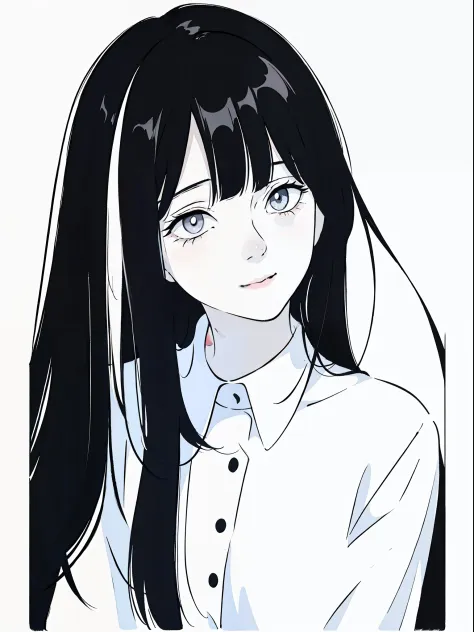 anime girl with long black hair and a white shirt,((black and white portrait)),black and white picture,Smile,minimalist painting...