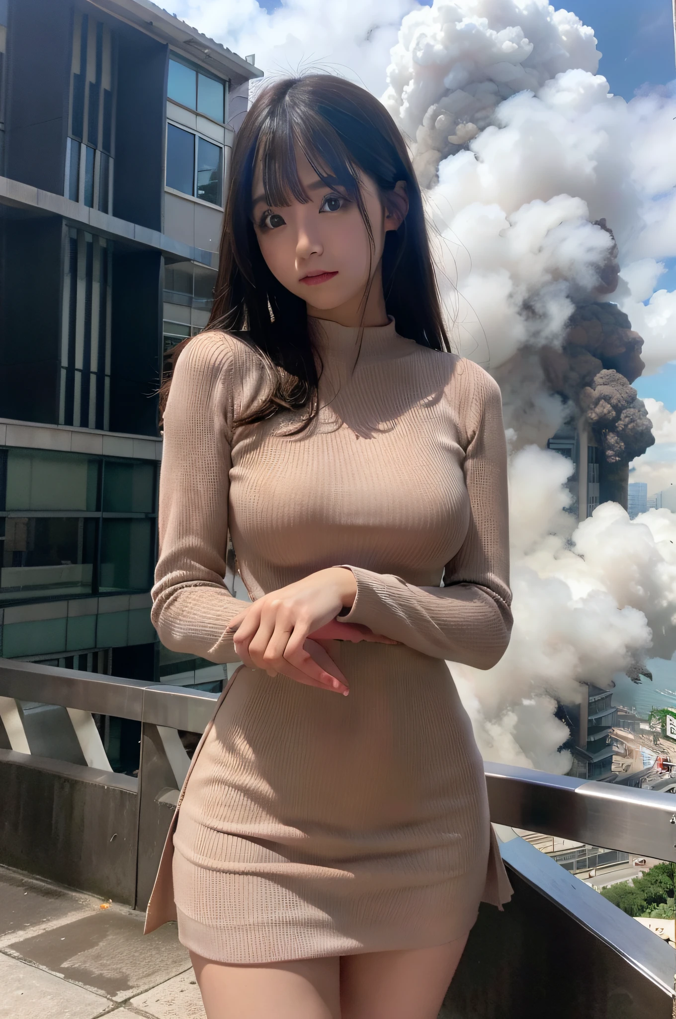 Giantess wearing a short pleated skirt dress, GTS city, City buildings, smoke billowing, nube, Evil, realistic lighting, high-heels, from low,