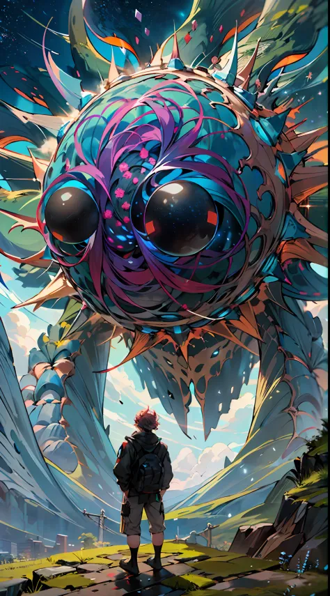 Monstruo gigante mirando hacia abjao en un paisaje de otro mundo,Gigante echo de fractales, Fractal infinito,fractal de Mandelbrot, divino, Figura imponente humanoide, masivo,escala masiba, mirando hacia abajo, de pie, inmenso, apocalyptic, colorido, iridi...