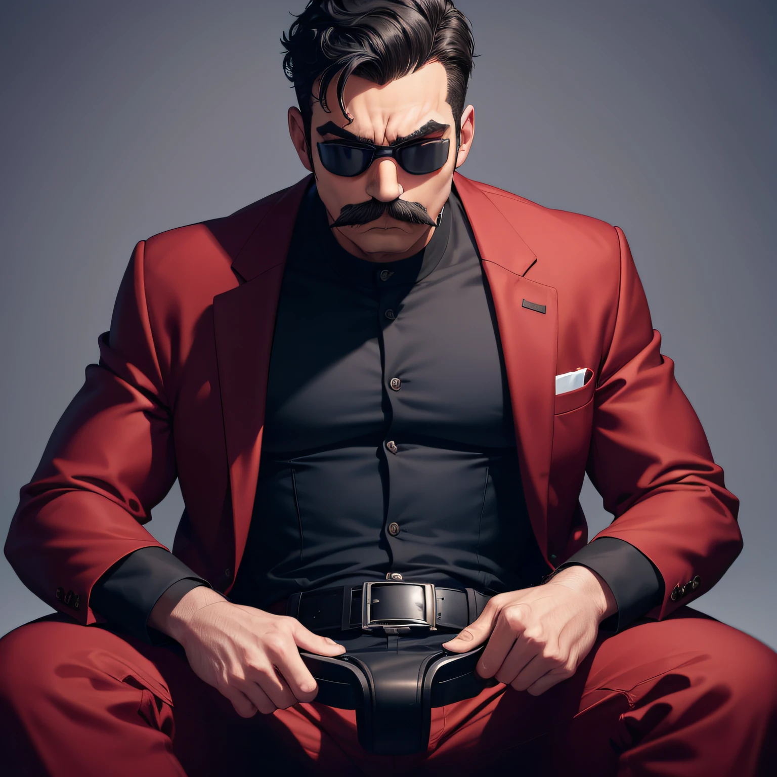 1 man, black short Organized hair, mustache, lap goggles, red suit, serious frown face, blank background, high res, ultra sharp, 8k, looking at viewer