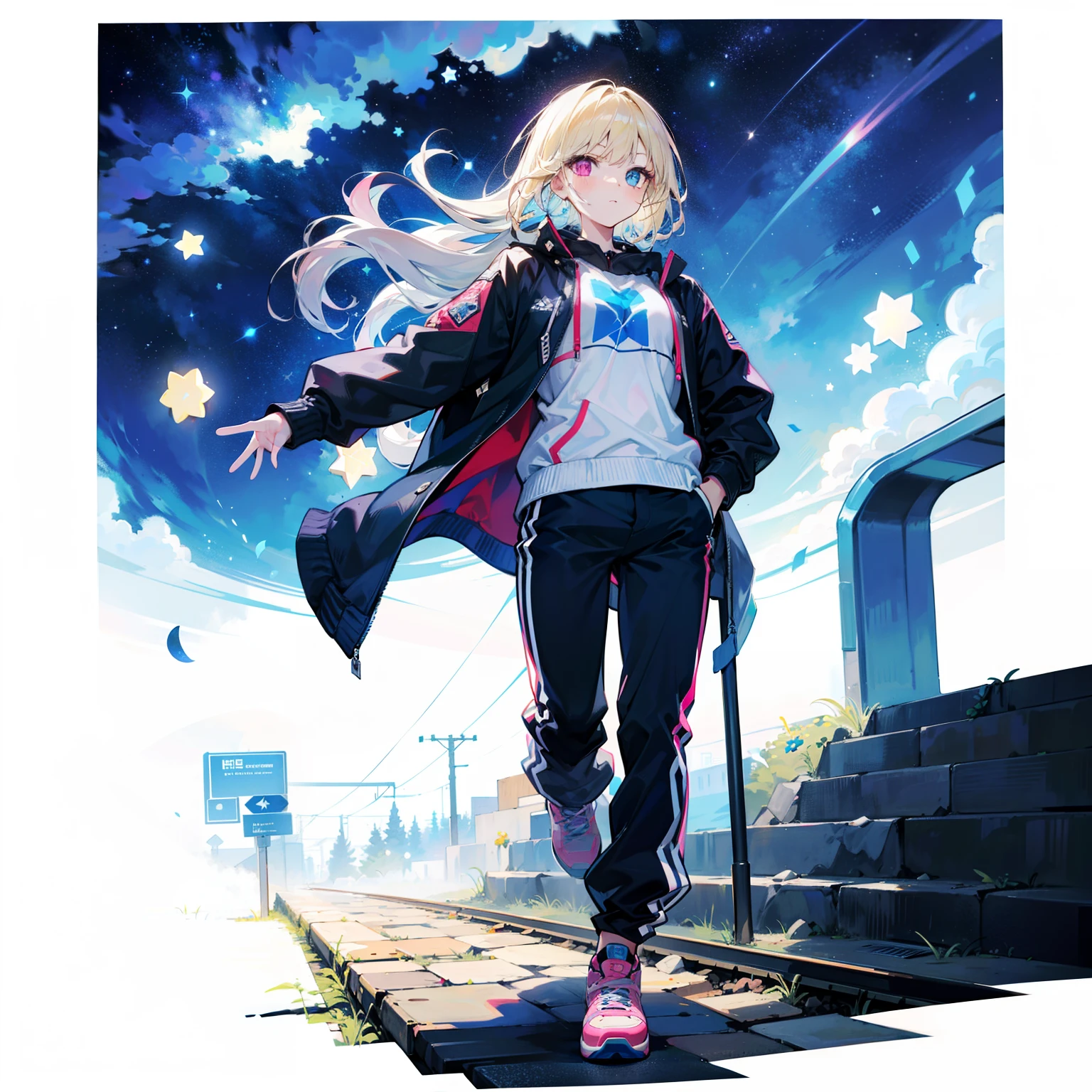 1girll，solo person，Medium long blonde hair，Strip dyeing，（Heterochromia，Pink eyes，（blue color eyes），Jacket，Wide-leg pants，（Powder blue star decoration），[White background 1：：5]，starryskybackground，meteors，Contre-Jour，Cold，（（full bodyesbian）），athletic sneakers，（fisheyelens），holding microphone in hand，The Stars theme，Stick one hand in your pocket，train station background，train