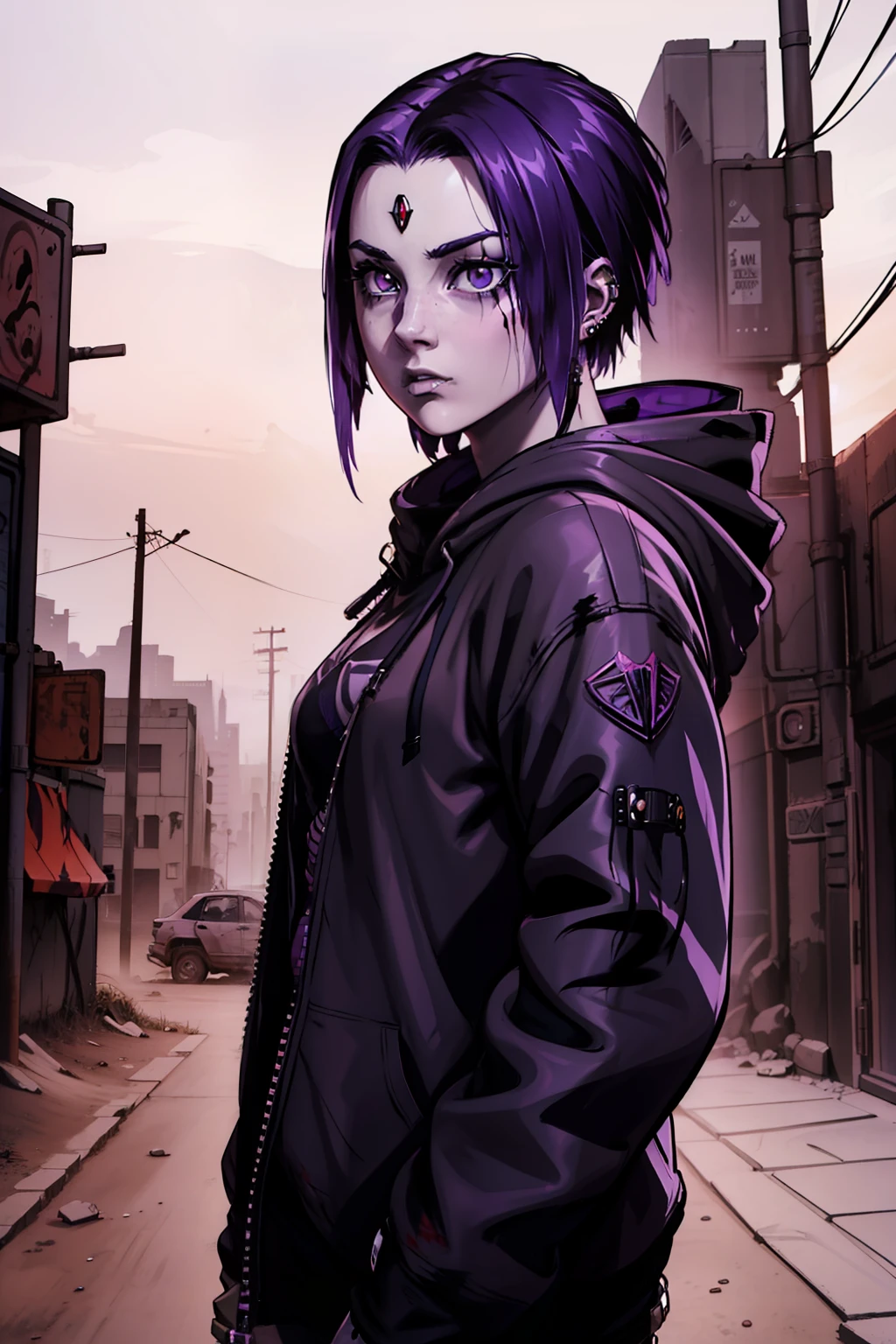 Raven post apocalyptic, desert, mad max, scarred, Post apocalyptic desert wasteland, Mad max, ear piercing, nose ring, gothy, torn clothes, Long jacket, scarrred, scarred, scarred, bruised, beat up, red jewel, purple hair, hooded, blue hood, Raven, teen titans, Night, dark, nightfall, night, hoodie, purple hoodie, jacket over hoodie