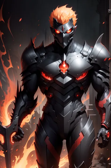 Genos handsome face handsome man with red eyes machine body, alduin, with flaming red eyes, darksiders style, darksiders art style, black flame reflective armor, with fiery red eyes, crazy gut madness, sharp red eyes, cyborg-inspired armor, black ancalagon...