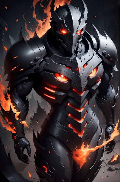 Genos handsome face handsome man with red eyes machine body, alduin, with flaming red eyes, darksiders style, darksiders art style, black flame reflective armor, with fiery red eyes, crazy gut madness, sharp red eyes, cyborg-inspired armor, black ancalagon...