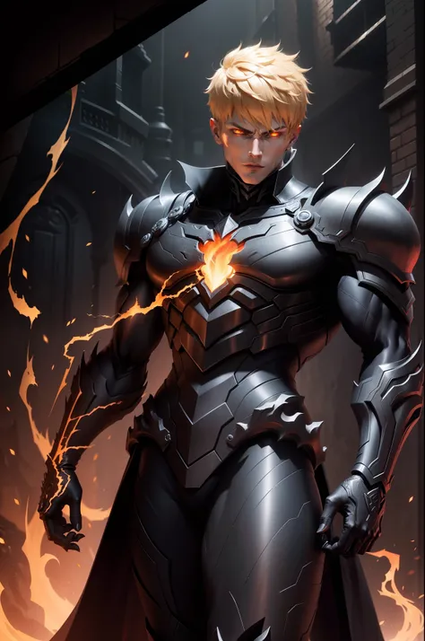 Full body scene Genos handsome man handsome face blond hair, black fire ...