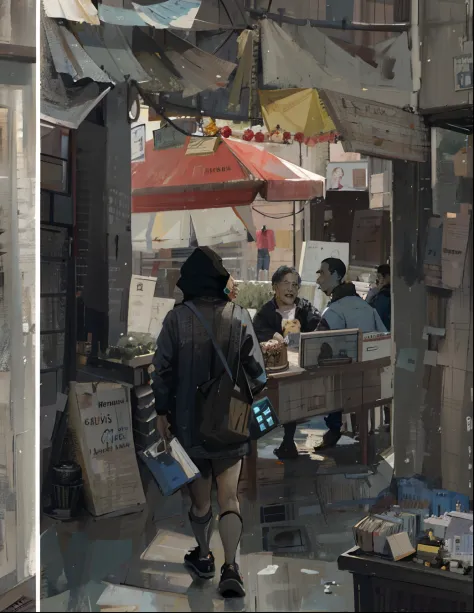 There are two photos of men walking down the street, artwork of a hong kong street, Street scene, Nicolas Samuri, hernan bas, au...