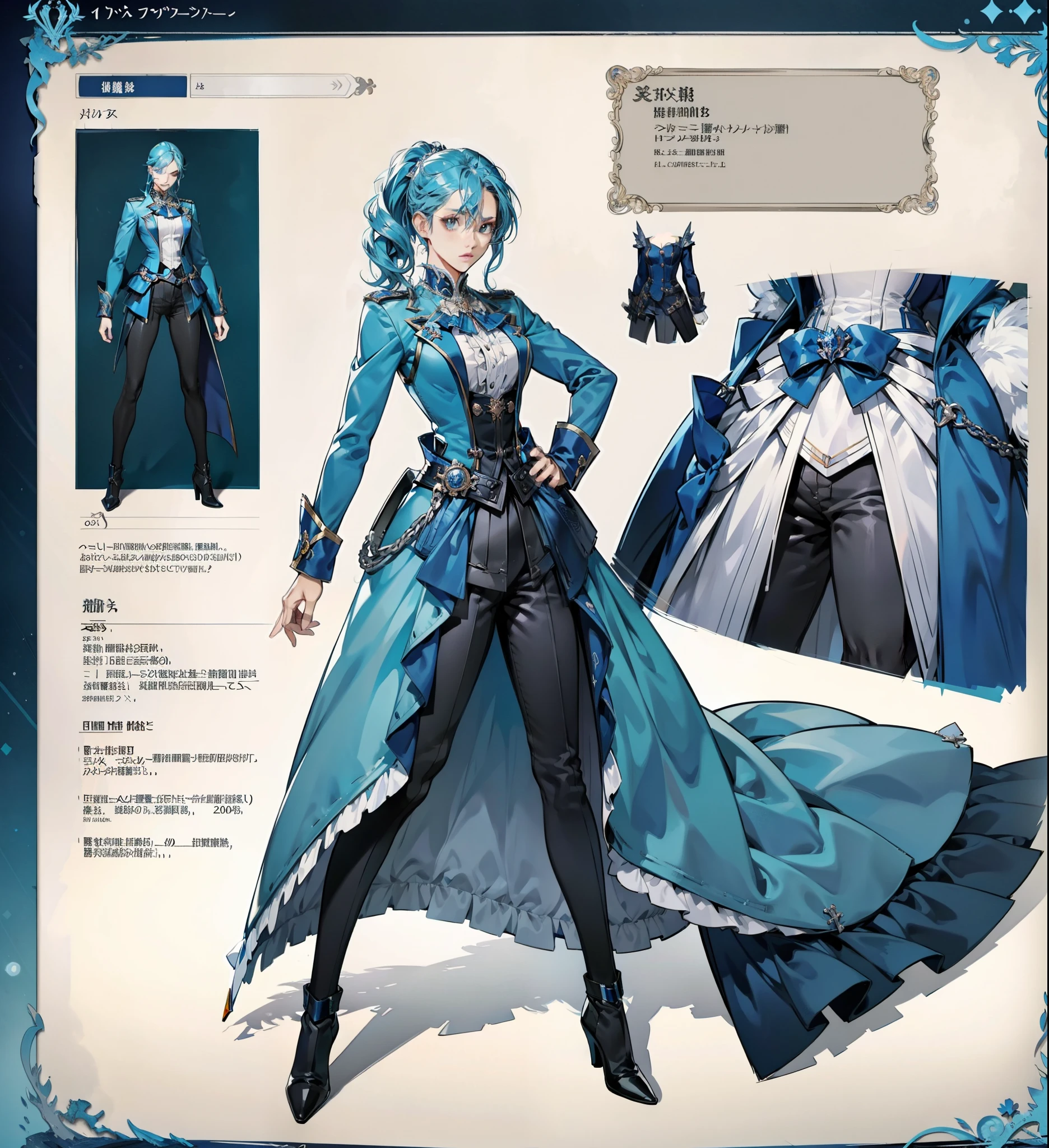 Anime characters in blue coats, full body concept, detailed full-body concept, concept character, full body concept art, full body character concept, detailed full body concept art, concept art character, concept art style, character concept, 2D concept art, new costume concept design, character design concept, full body action concept art, valkyrie style character