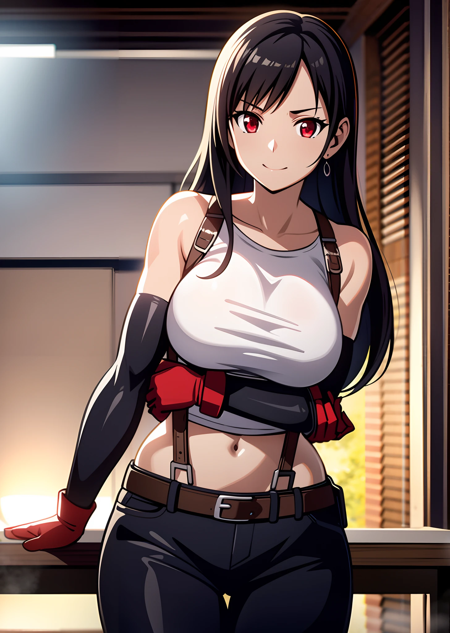 (Photorealistic: 1.4), top quality, very delicate and beautiful, high resolution, 1girl, tifa_lockhart, smile, cowboy shot, suspenders, low rise, mini skirt, tank top, tense shirt, black hair, long hair, elbow gloves, beautiful detailed red eyes, face light, movie lighting, navel, high exposure, abdomen exposure, ribs, abs, ( gigantic breasts: 1.2), dynamic poses, dynamic angles, 8k
