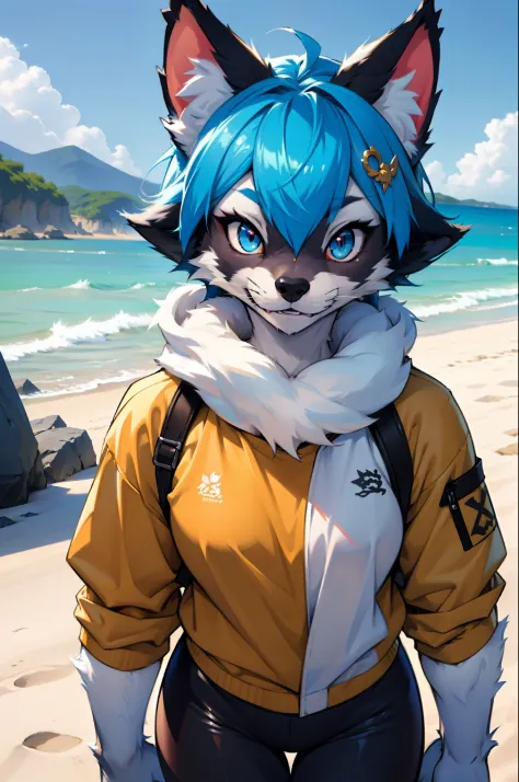anime character with blue hair and white body on beach, female anthropomorphic wolf, female fursona, female furry mini cute styl...