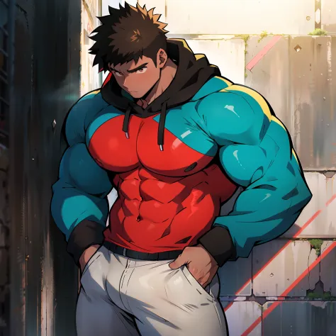 ((arte estilo anime)), imagem superior, angulo de cima para baixo, personagem masculino extremamente musculoso, corpo de bodybui...