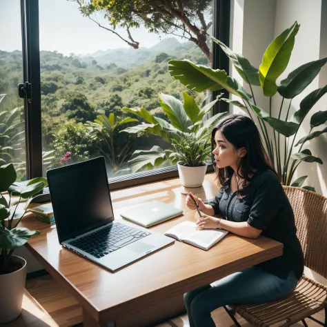 mulher trabalhando em um  homeoffice(foto realista)), ((home office)), ((design de interiores)), ((moderno)) e ((ecological)), (...