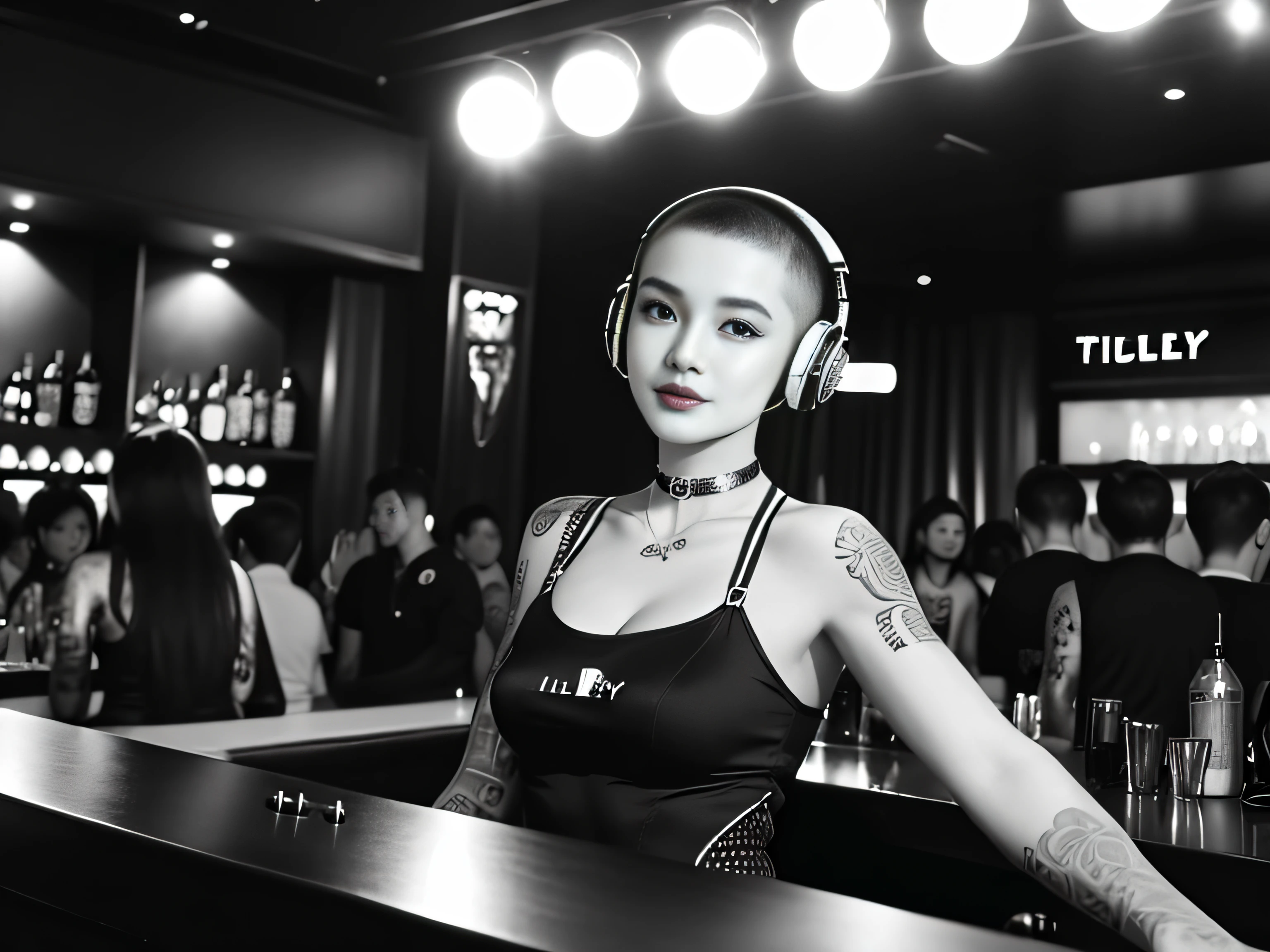 best qualtiy，tmasterpiece，超高分辨率，(fidelity:1.4)，(B&W:1.3)，professinal，photography of，1个Giant Breast Girl，Dee bar，Girl wearing headphones，DJ in the bar，Upper body，A female DJ，Look at the crowd，DJ, DJ booth，DJ Player，stage lighting，(buzz cut:1.1)，(Tattooed with:1.1)，cheerfulness，dyna，Gucci, Versace，cruel，choker necklace，Vistas