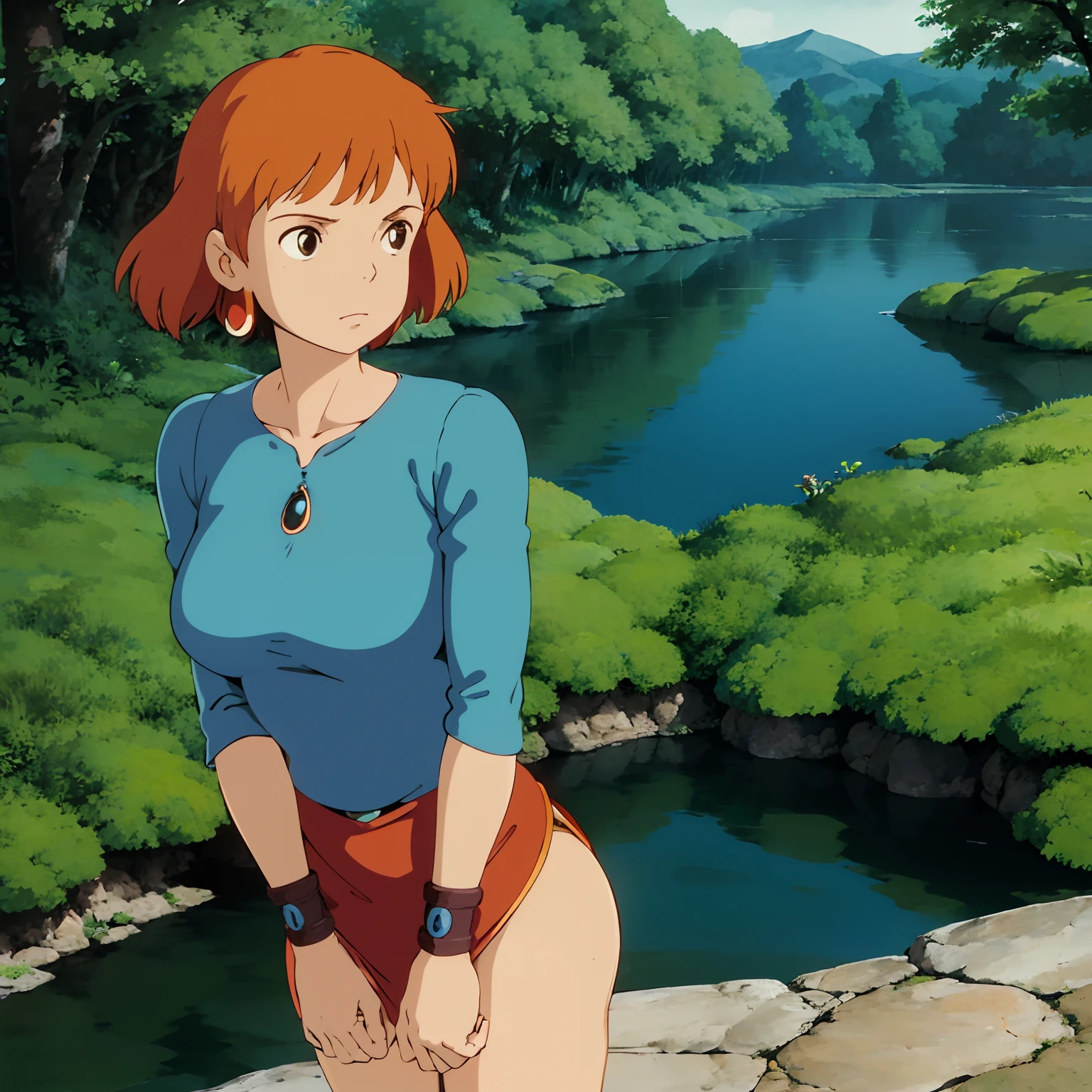 ghibli style, Nausicaa \(Nausicaa\), 1girl, 30 y.o., armlet, bangs, orange hair, Nausicaa outfit, breasts, earrings, floating hair, forest, brown eyes, jewelry, looking at viewer, medium breasts, sea of decay crumbling buildings,  outdoors, parted bangs, shirt, medium hair,  solo, tree, upper body, blue shirt , steampunk, ((masterpiece)),