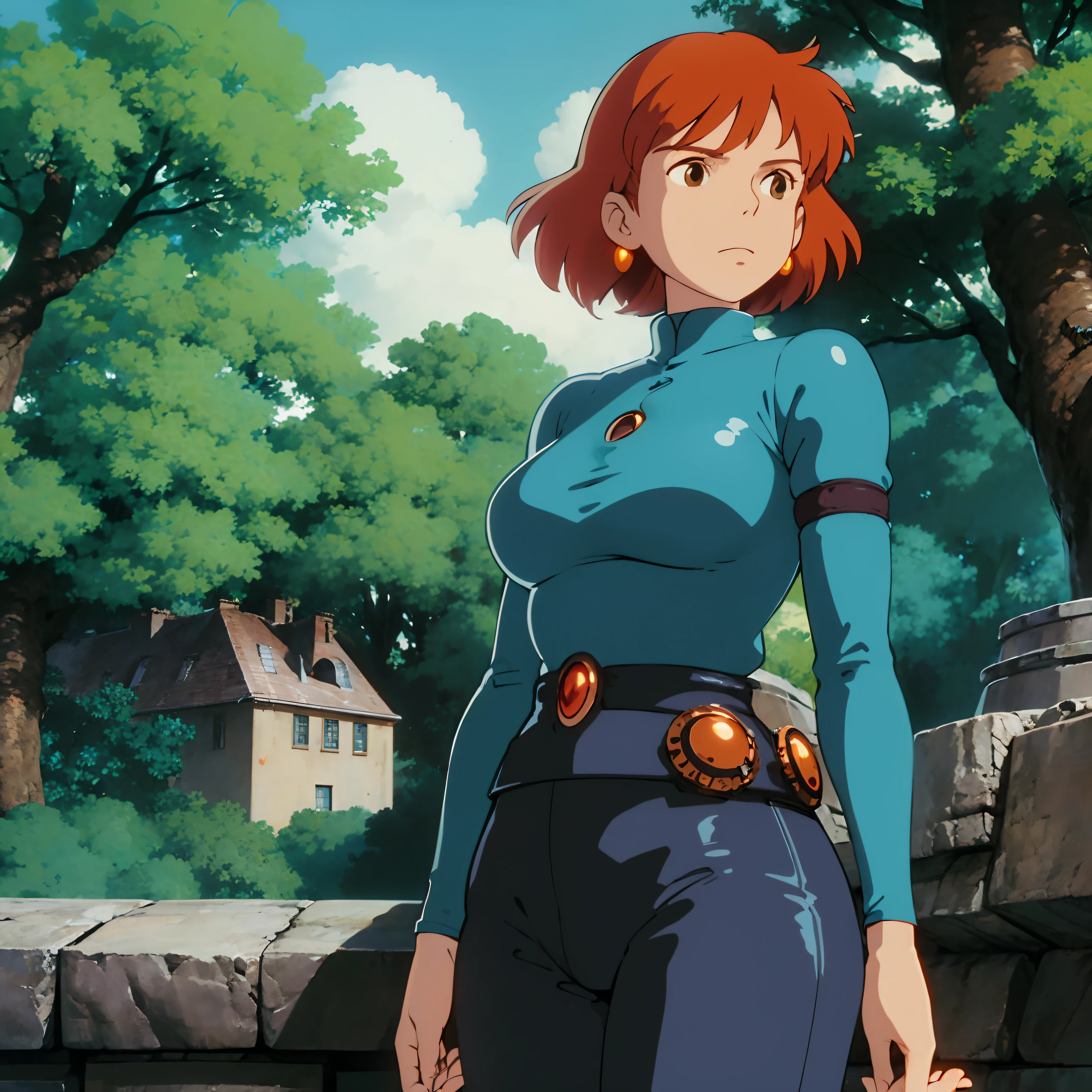 ghibli style, Nausicaa \(Nausicaa\), 1girl, 30 y.o., armlet, bangs, orange hair, Nausicaa outfit, breasts, earrings, floating hair, forest, brown eyes, jewelry, looking at viewer, medium breasts, sea of decay crumbling buildings,  outdoors, parted bangs, shirt, medium hair,  solo, tree, upper body, blue shirt , steampunk, ((masterpiece)),