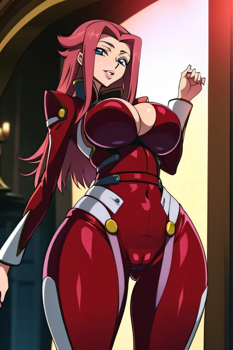 Code Geass, Kallen Stadfeldt, 1girl, (((bimbo))), puffy lips, painted lips, thick lips, wide hips, thick thighs, big breast, huge ass, revealing cleavage, erotic, smile face, bubble butt, camel toe, breasts, Long hair tight red suit,