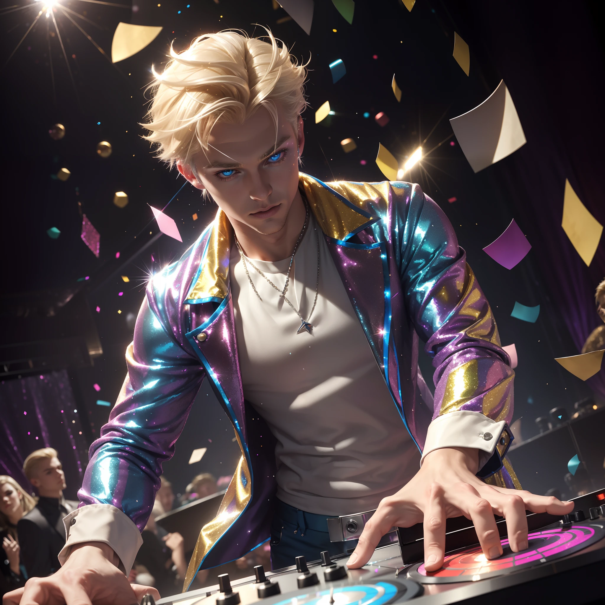 (dramatic illumination, dynamic angle, intense color contrast), (solo), (male, young Caucasian man), (spiked blond hair), (blue eyes), (wearing silver pants), (wearing silver vest), (DJ on club stage), (action), (glitter:1.3) (with mixer and turntable), (bokeh), (confetti falling), (colorful strobe lighting)