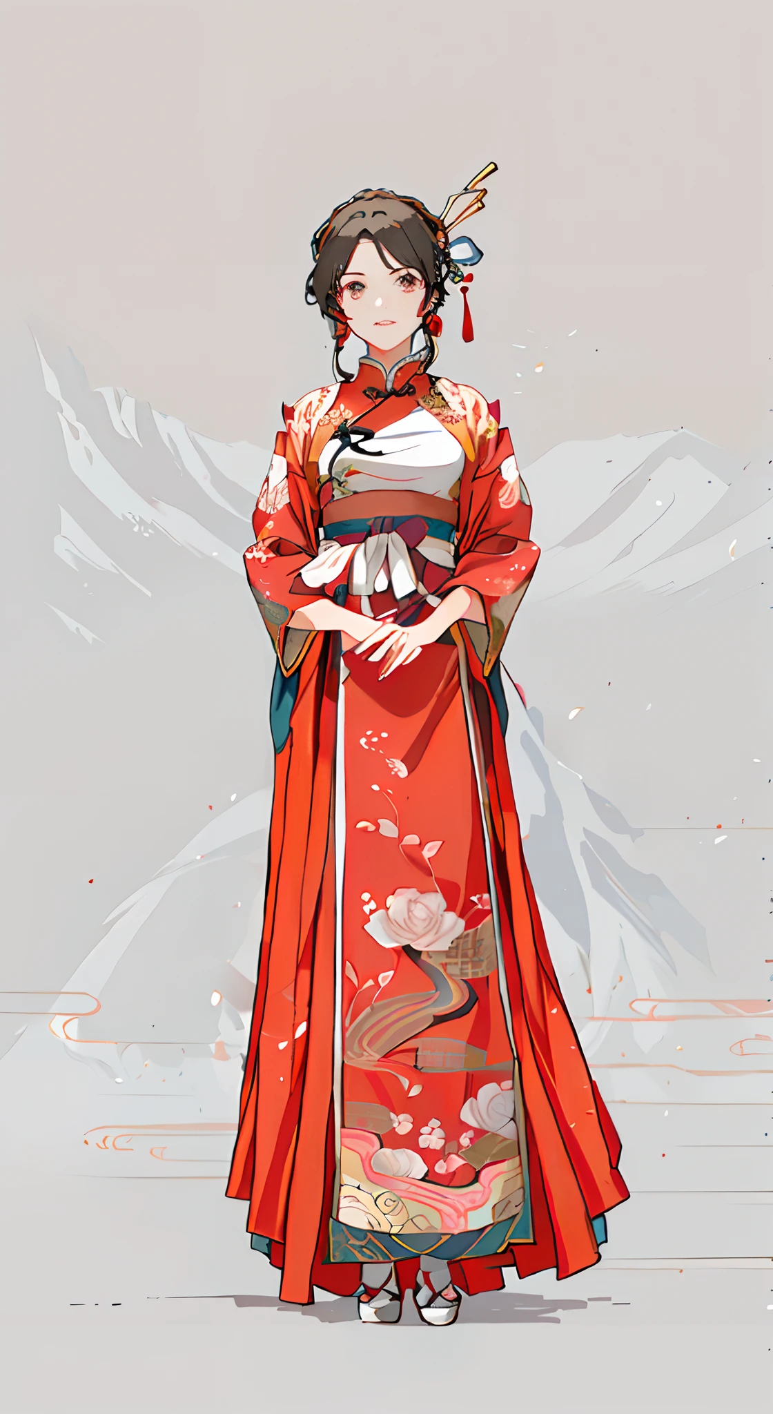 A girl in Ханьфу，Красивая рисовка персонажей，бледное и цветное кимоно，Ханьфу，Прекрасная иллюстрация к произведению работ，Ношение древней китайской одежды，аниме иллюстрация всего тела，Лицо аниме。