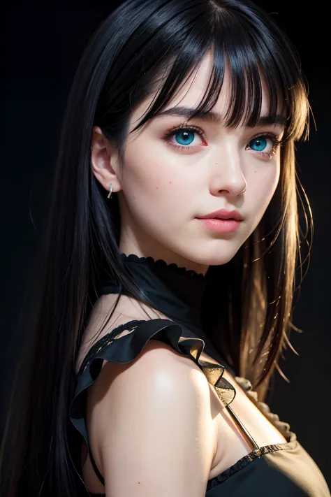 raw photo, face portrait photo of beautiful young female with long sleek black hair with bangs ((flat bangs)), green eyes, 18ish...