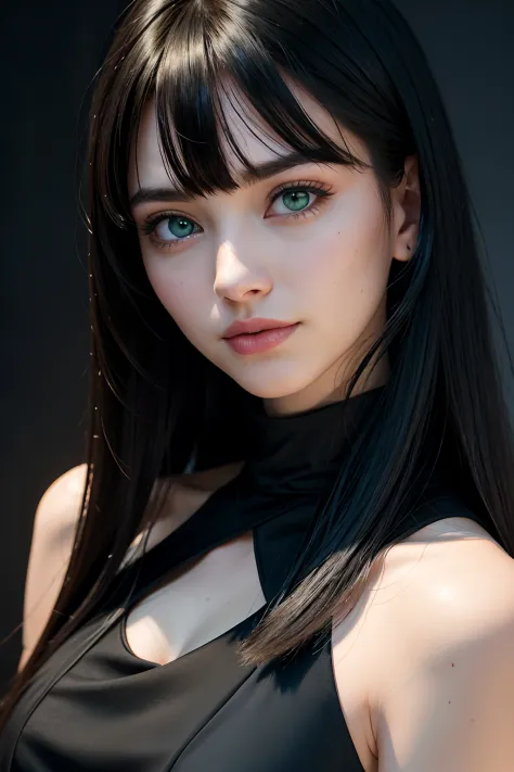 RAW photo, face portrait photo of beautiful young female with long sleek black hair with bangs ((flat bangs)), green eyes, 18ish...