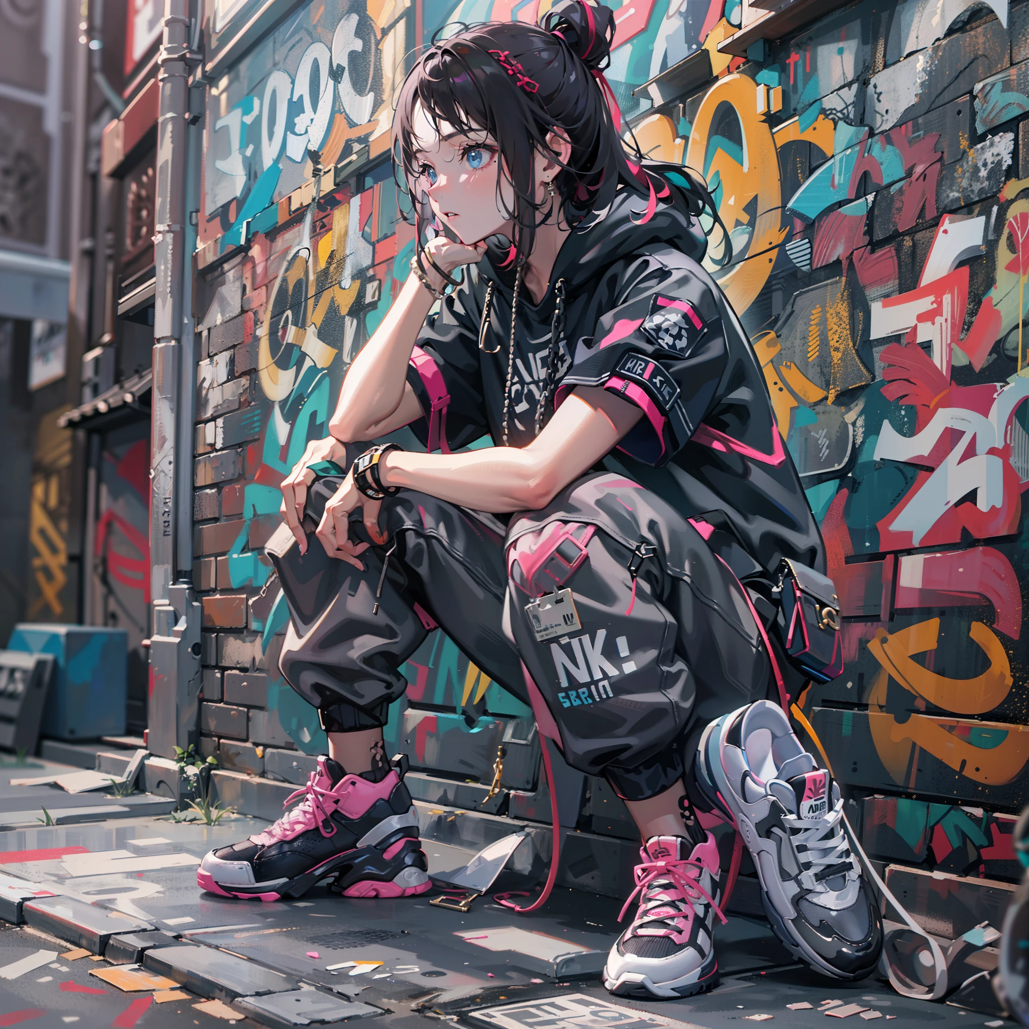 One Girl In A Back Alley、(Super Detail)、(8K)、((Hip Hop Fashion))、(graffiti wall)、(full body Esbian)、(hyperdetailed face)、(Cool Face)、(crouching down)