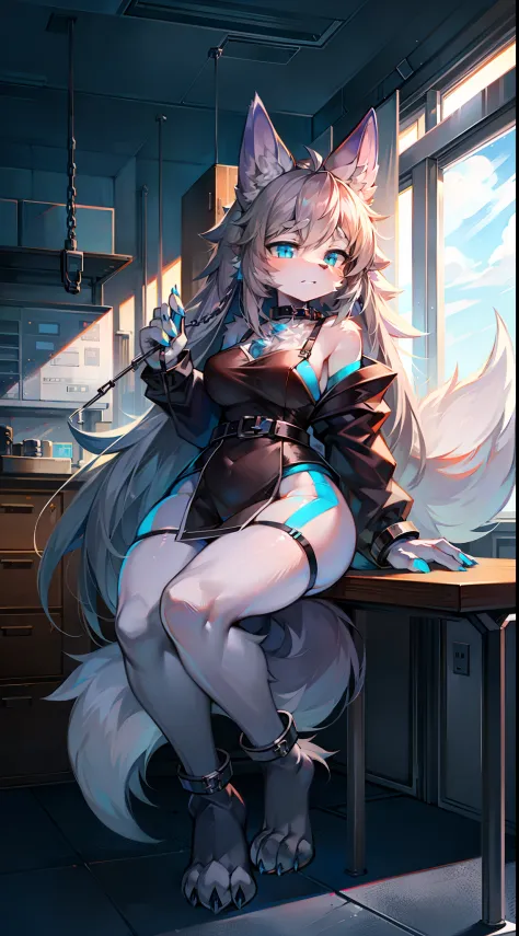 Lab Room，Big-tailed wolf，blue color eyes，Gray hair，female，shackle