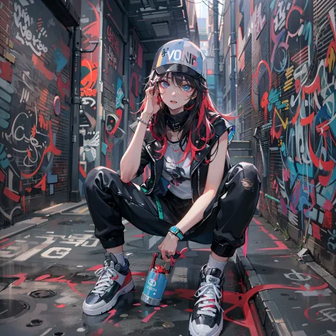 One Girl In A Back Alley、(Super Detail)、(8K)、((Hip Hop Fashion))、(graffiti wall)、(full body Esbian)、(hyperdetailed face)、(Cool F...