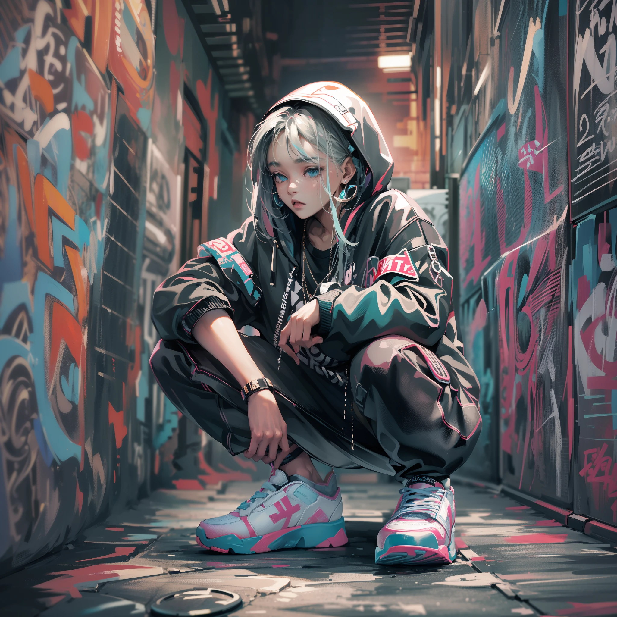 One Girl In A Back Alley、(Super Detail)、(8K)、((Hip Hop Fashion))、(graffiti wall)、(full body Esbian)、(hyperdetailed face)、(Cool Face)、(crouching down)