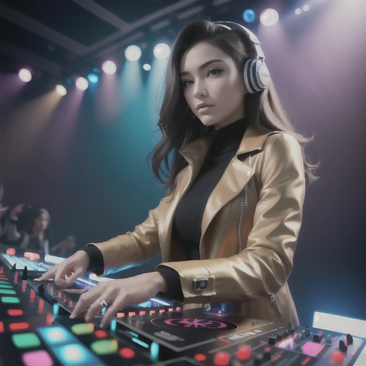 Beauty DJ，Upper body photo，Fingers stroke the DJ machine，perfect hand，Super detailed face，Delicate facial features，Super detailed face looking at the audience，Wearing a dark gold leather coat，Colorful light show，k hd，4k，tmasterpiece，high qulity，