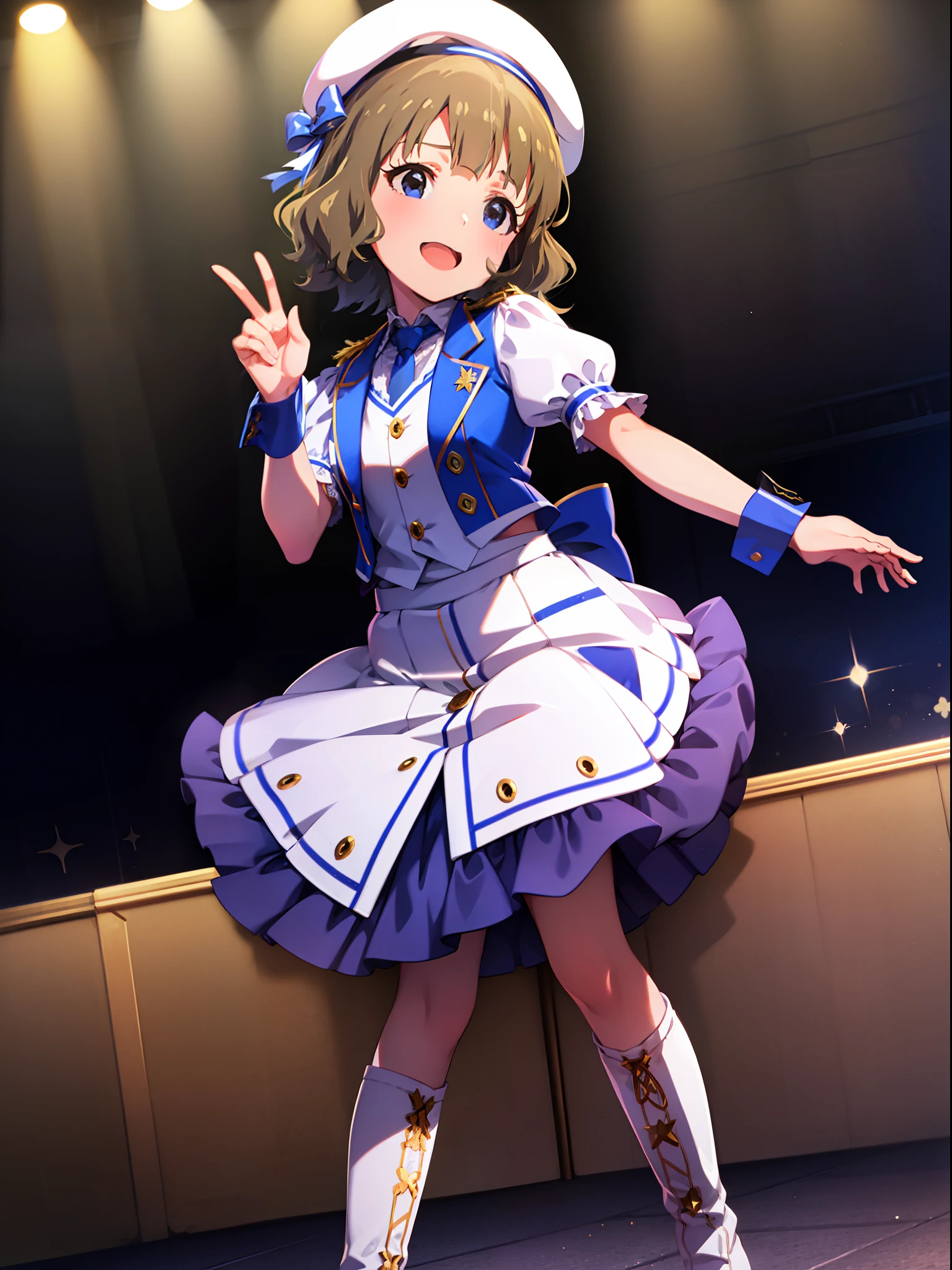 momoko suou (million live),best quality,masterpiece,8k,singing on stage,smile,greatful blue,white beret,white shirt,puffy half sleeves,blue vest,golden button,dark blue necktie,white pleats skirt,white long boots,lace up boots, concert,