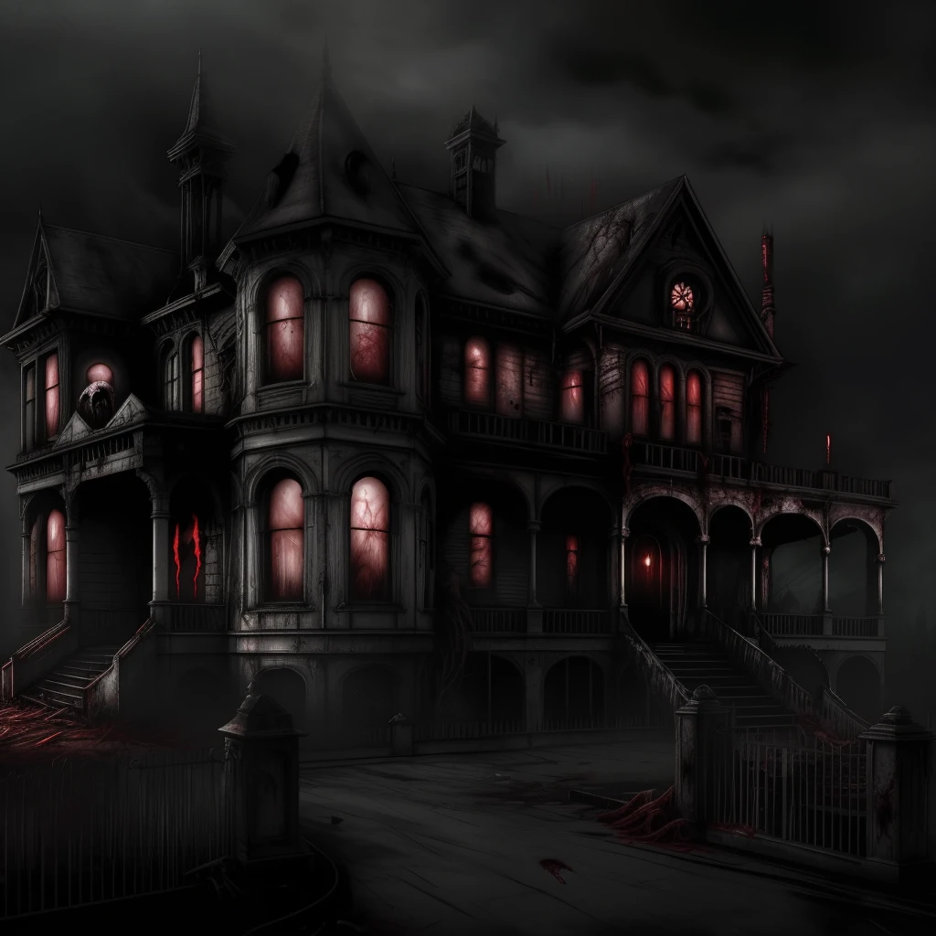 A disgusting Ghost stands above a large Victorian mansion, found footage, blood dripping, hellish, tainted, terrifying, horror, redacted, dark, human experiment, hideous, teeth, tongues, sinister, hostile, malevolent energy, pathogenic mutation, biological, nightmare, rusty, grunge, helpless, moody, desperate, strange, humanoid, aberration, death, lonely, ominous, horror, dramatic, atmospheric, high detail, zoomed out, long shot,