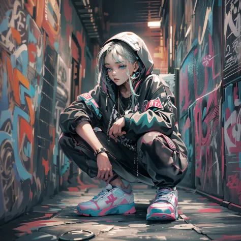 One Girl In A Back Alley、(Super Detail)、(8K)、((Hip Hop Fashion))、(graffiti wall)、(full body Esbian)、(hyperdetailed face)、(Cool F...