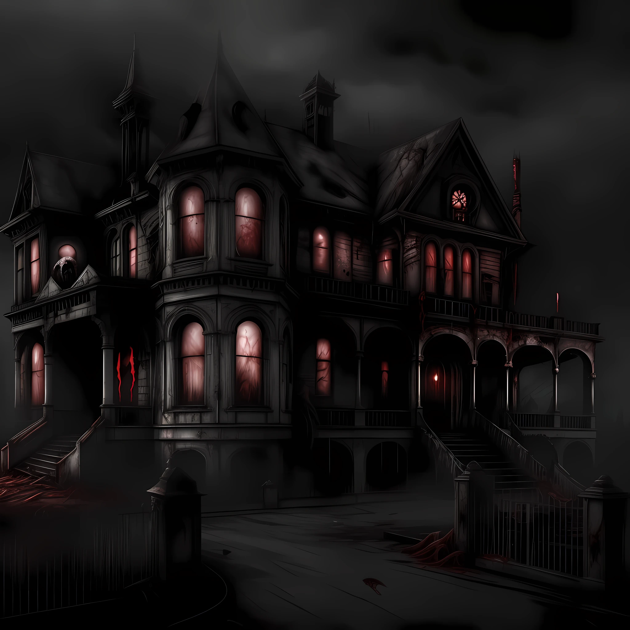 A disgusting Ghost stands above a large Victorian mansion, found footage, blood dripping, hellish, tainted, terrifying, horror, redacted, dark, human experiment, hideous, teeth, tongues, sinister, hostile, malevolent energy, pathogenic mutation, biological, nightmare, rusty, grunge, helpless, moody, desperate, strange, humanoid, aberration, death, , ominous, horror, dramatic, atmospheric, high detail, zoomed out, long shot,