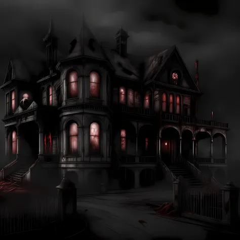 A disgusting Ghost stands above a large Victorian mansion, found footage, blood dripping, hellish, tainted, terrifying, horror, ...