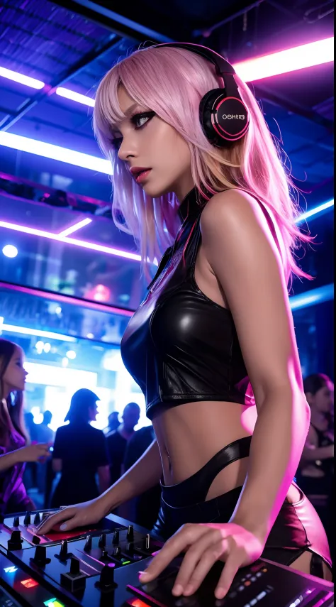 The upper part of the body, Female DJ, Colorful clothes , Perfect and beautiful facial features, Vibrant appearance, Sexy accessories, Creative behavior, Imaginative, Sensual, Spontaneous, DJ headphones, Mixing Console, Music Clubs, night club, Independent...