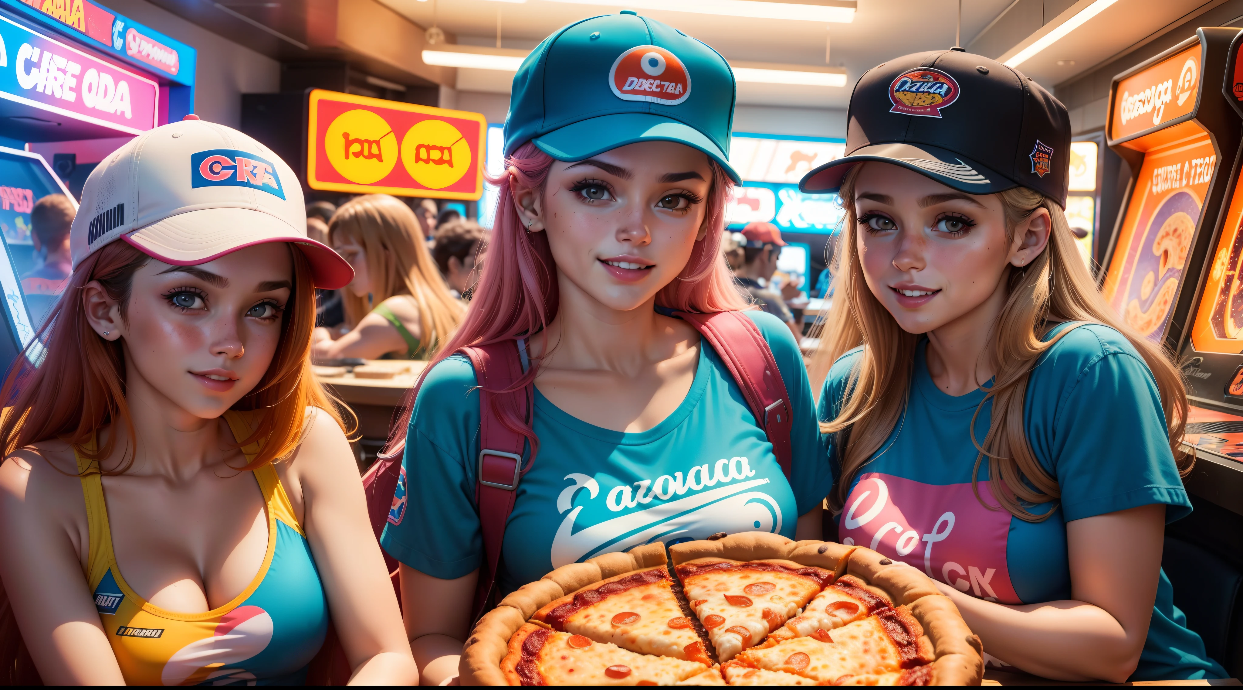 Três mulheres com bonés de beisebol segurando uma pizza em um restaurante -  SeaArt AI