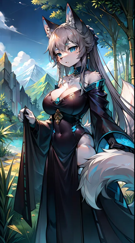 Far Mountain，bamboo forrest，Big-tailed wolf，blue color eyes，Gray hair，long whitr hair，female