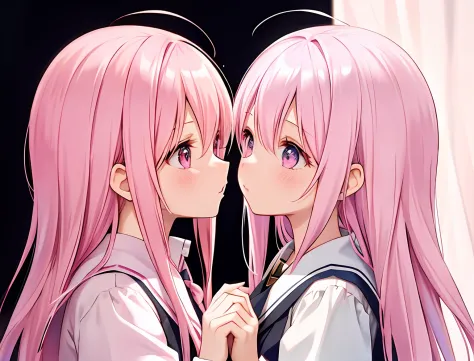 2girls，adolable，A pink-haired，long whitr hair，Symmetrical_docking，Kiss