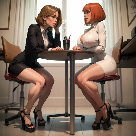 Redhead, Bob haircut, sexy secretary, muscular legs, muscular calves, Strong legs, muscular hips, wide thighs, Curvy hips, A full body shot, high-heeled sandals, tights in a net, Stiletto heels, Women's business suit with a short skirt, large ring earrings...