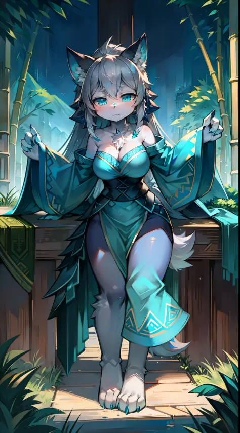 Far Mountain，bamboo forrest，Big-tailed wolf，blue color eyes，Gray hair，long whitr hair，Female，Turquoise clothes，Drunken