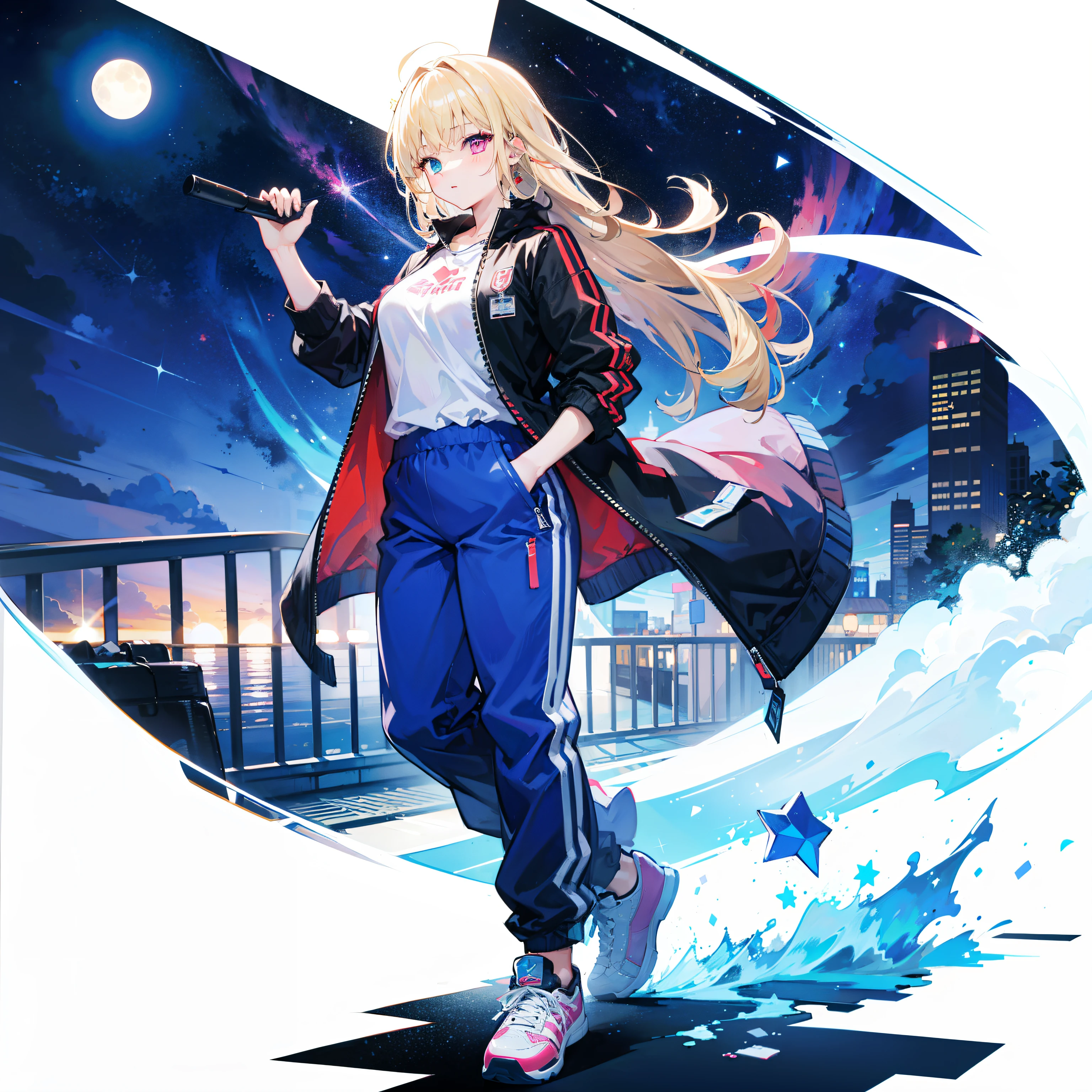 1girll，solo person，Medium long blonde hair，Strip dyeing，（Heterochromia，Pink eyes，（blue color eyes），Jacket，Wide-leg pants，（Powder blue star decoration），[White background 1：：5]，starryskybackground，meteors，Contre-Jour，Cold，（（full bodyesbian）），athletic sneakers，（fisheyelens），holding microphone in hand，The Stars theme，Stick one hand in your pocket，train station background，Train