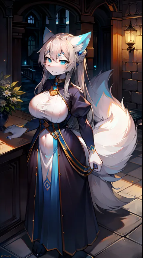 European dress，Big-tailed wolf，Gray hair，blue color eyes，long whitr hair，female