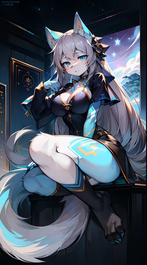 Astrologer costume，Big-tailed wolf，Gray hair，blue color eyes，long whitr hair，female