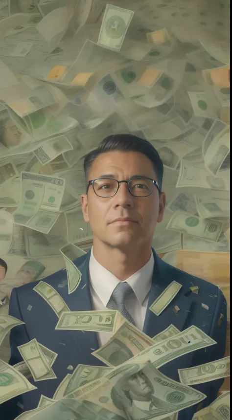 A detailed painting of a person in a suit, surrounded by a flurry of dollar bills, with the book Financial Freedom Formula in th...