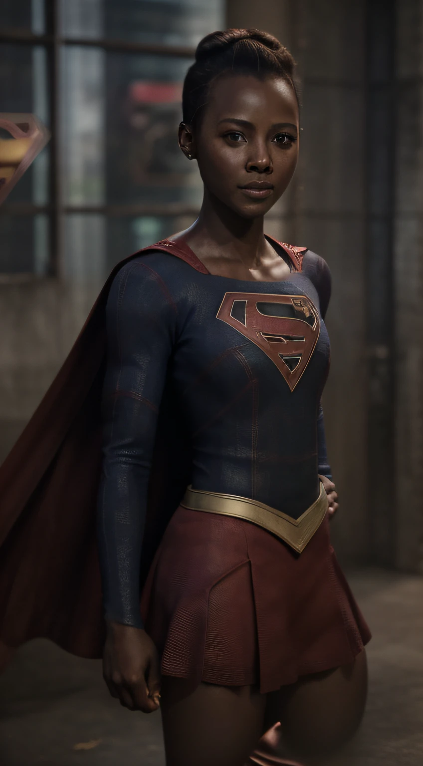 close-up, woman (supergirl suit), ((emphasis on Lupita Nyong'o)), looking at viewer, front view, heroic pose, photorealistic, ultra-detailed, intricate detail, super detailed, volumetric, HDR, Realistic, Unreal engine, 16k, sharp focus, octan rendering, high quality, RAW photo, cinematic composition,