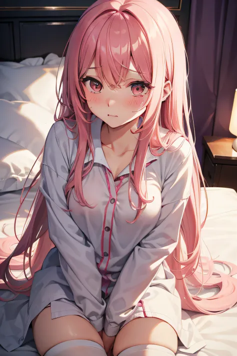 embarrassed, Blushing, bed, Pink hair, Near the face, Long hair, Sperm and blood pouring from the vagina、After sex