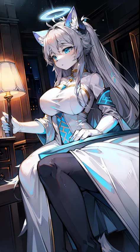Angel costume，The halo，Light wings，Big-tailed wolf，Gray hair，blue color eyes，female，long whitr hair