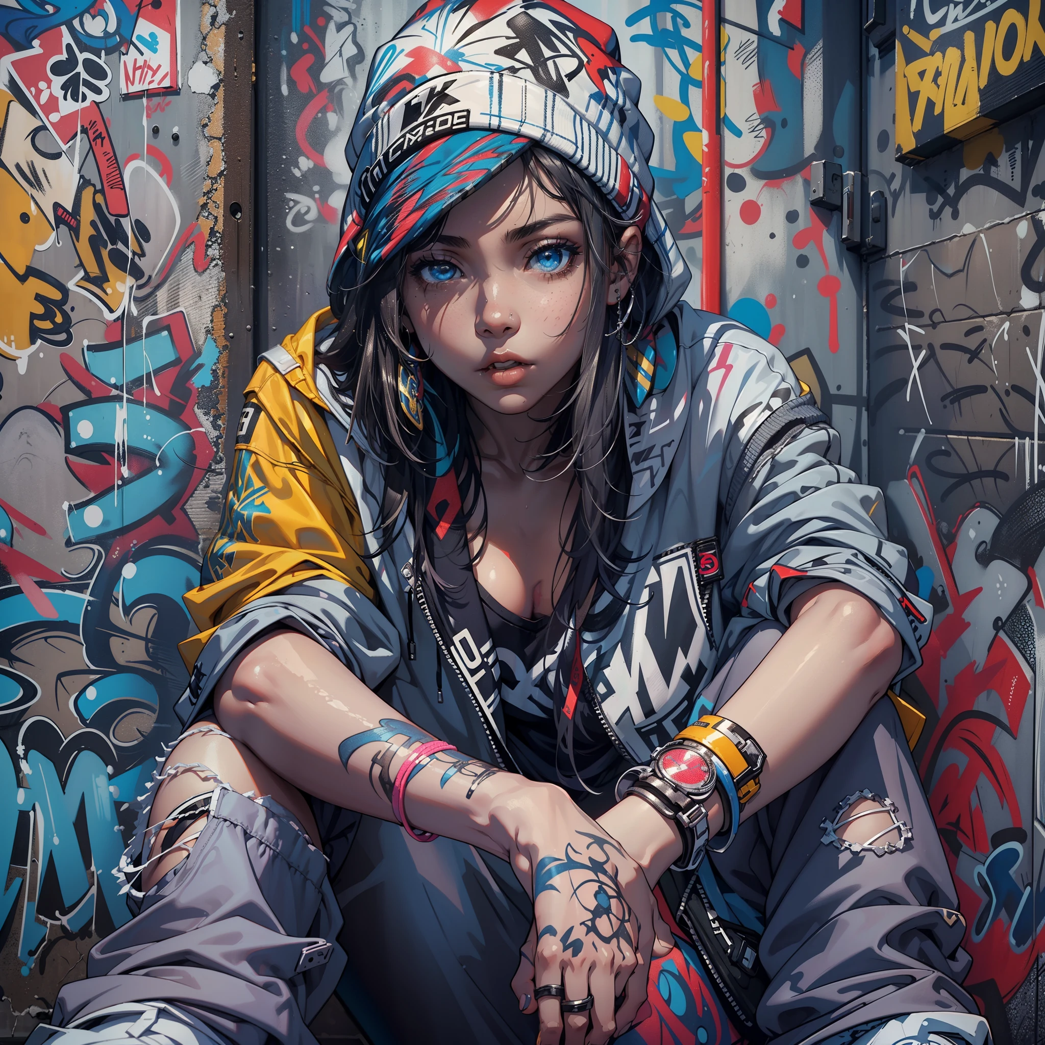 One Girl In A Back Alley、(Super Detail)、(8K)、((Hip Hop Fashion))、(graffiti wall)、(full body Esbian)、(hyperdetailed face)、(Detailed feet)、(Detailed hand)、(Cool Face)、(sitting with knees arised)、(Put your hands on your knees)